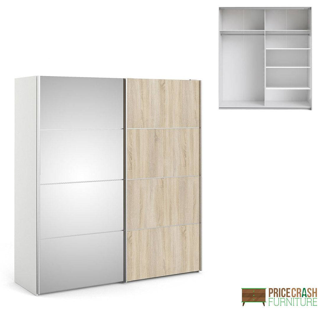 Verona Sliding Wardrobe 180cm in White with Oak and Mirror Doors with 5 Shelves - Price Crash Furniture