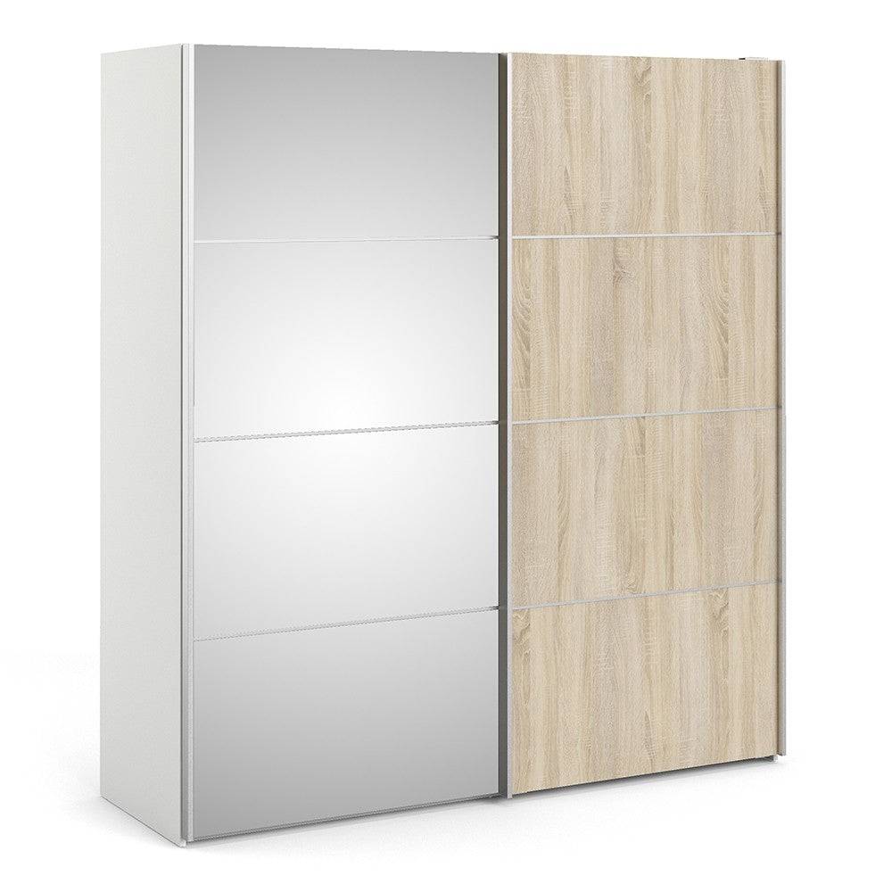 Verona Sliding Wardrobe 180cm in White with Oak and Mirror Doors with 5 Shelves - Price Crash Furniture