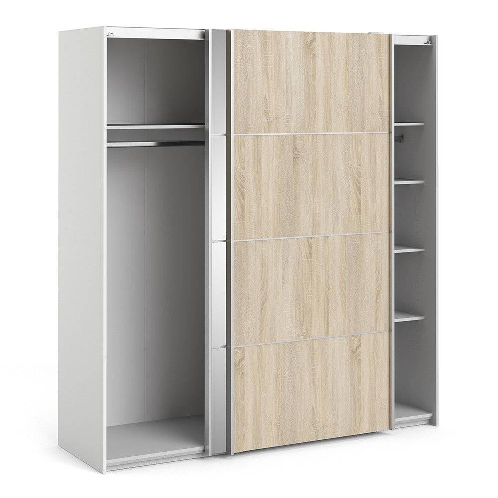 Verona Sliding Wardrobe 180cm in White with Oak and Mirror Doors with 5 Shelves - Price Crash Furniture