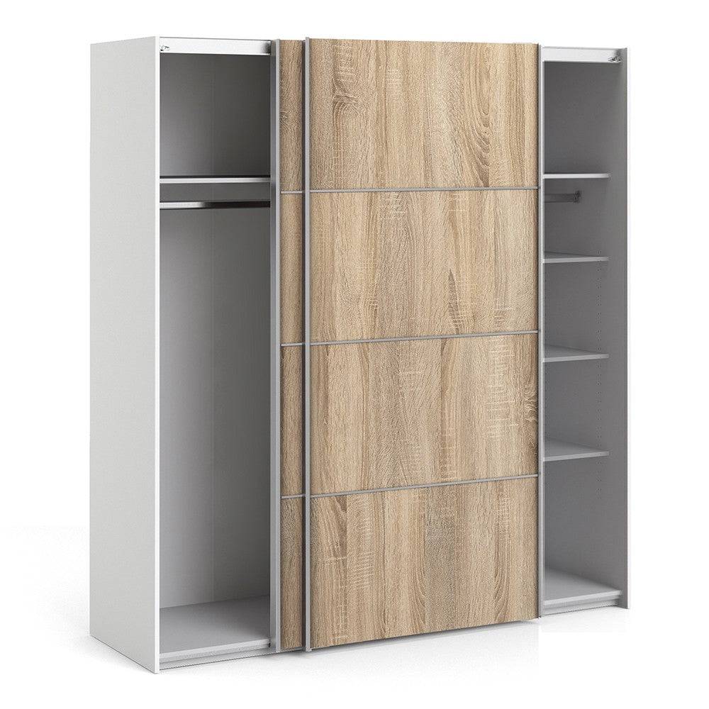 Verona Sliding Wardrobe 180cm in White with Oak Doors with 5 Shelves - Price Crash Furniture