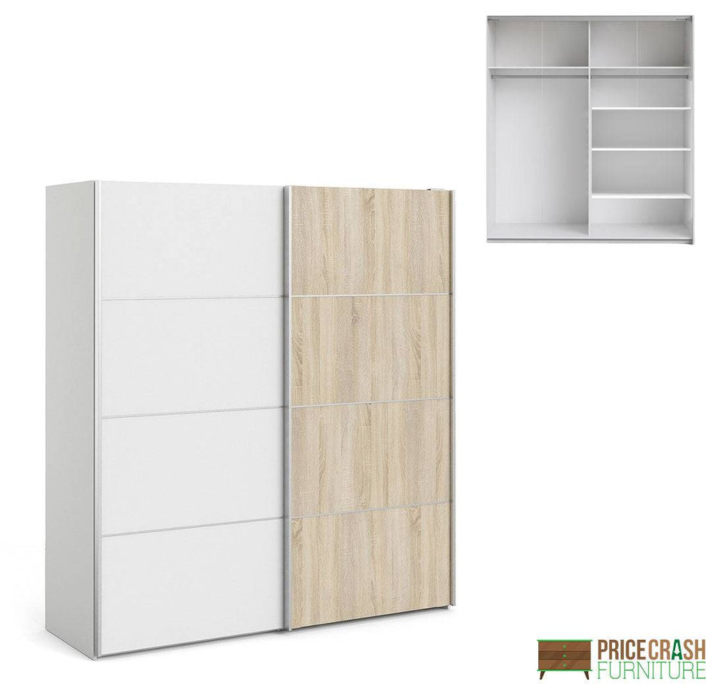 Verona Sliding Wardrobe 180cm in White with White and Oak doors with 5 Shelves - Price Crash Furniture