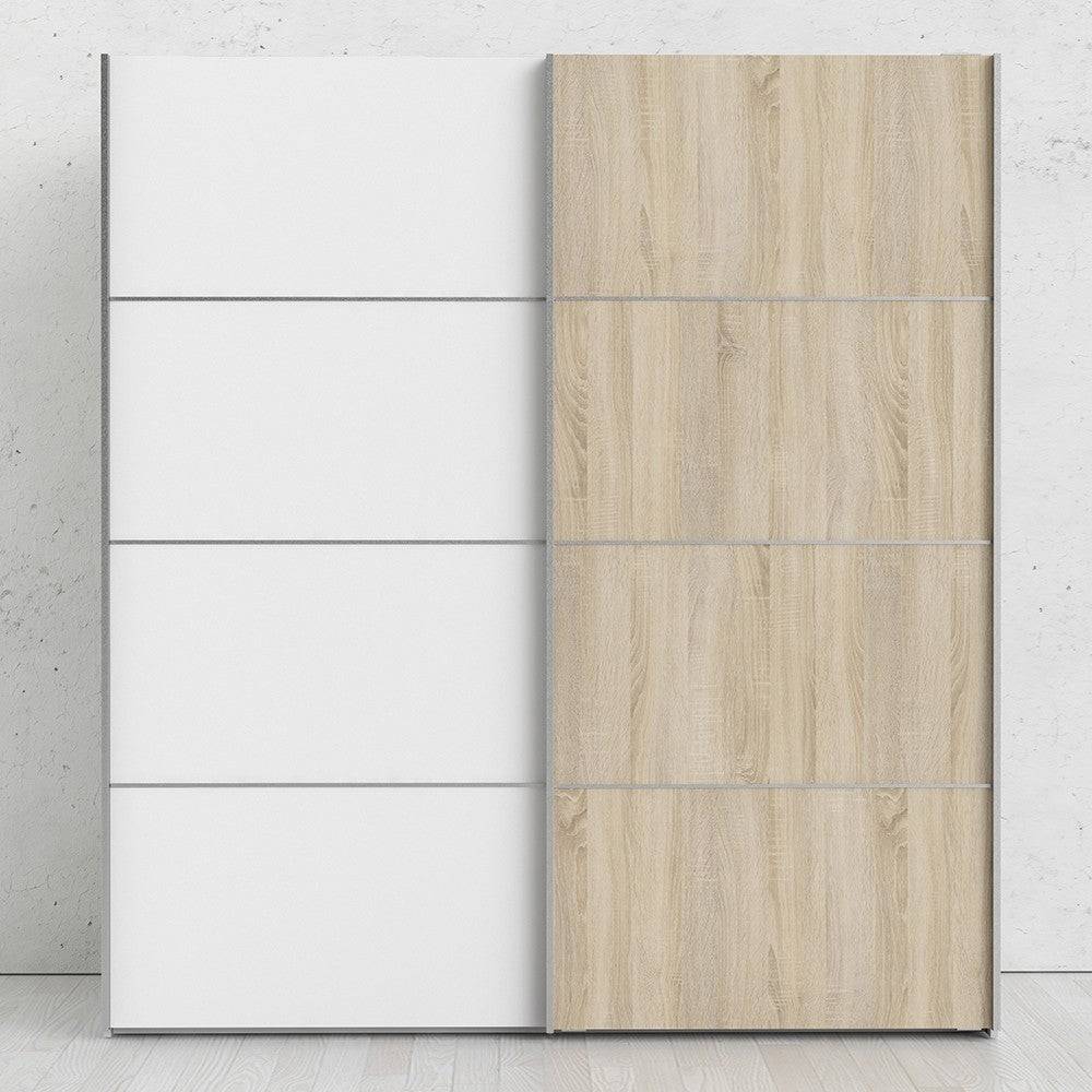 Verona Sliding Wardrobe 180cm in White with White and Oak doors with 5 Shelves - Price Crash Furniture