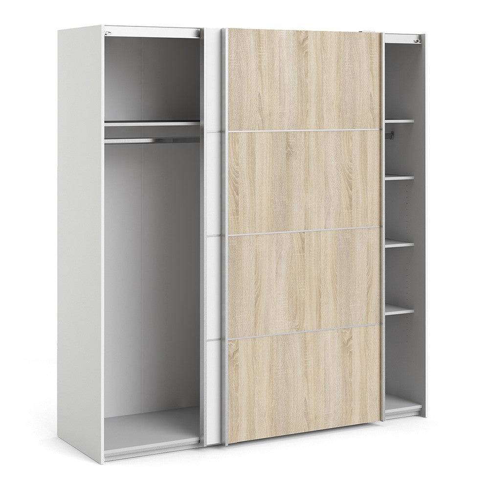 Verona Sliding Wardrobe 180cm in White with White and Oak doors with 5 Shelves - Price Crash Furniture