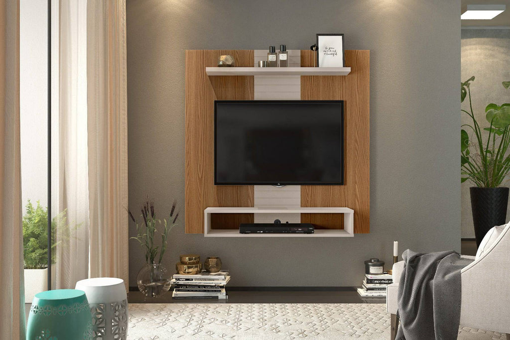 Vision - fixed TV wall panel with shelf and storage, oak effect & gloss grey - Price Crash Furniture