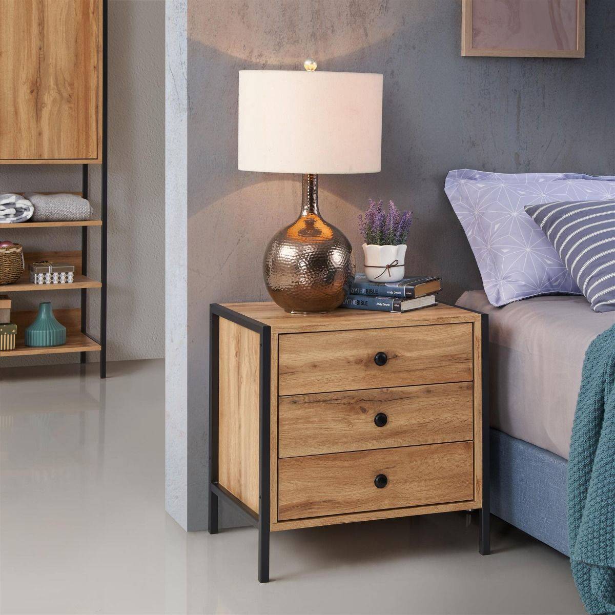 Zahra 3 drawer bedside table in oak effect by TAD - Price Crash Furniture