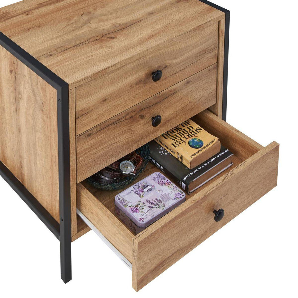 Zahra 3 drawer bedside table in oak effect by TAD - Price Crash Furniture