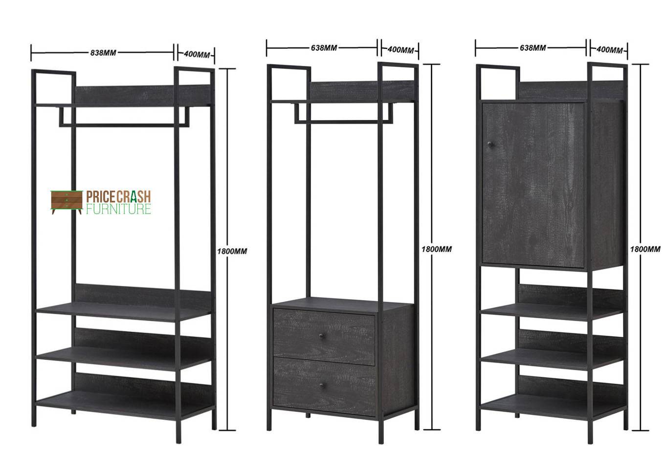 Zahra bedroom set: 3 piece open wardrobe set in black wood effect by TAD - Price Crash Furniture