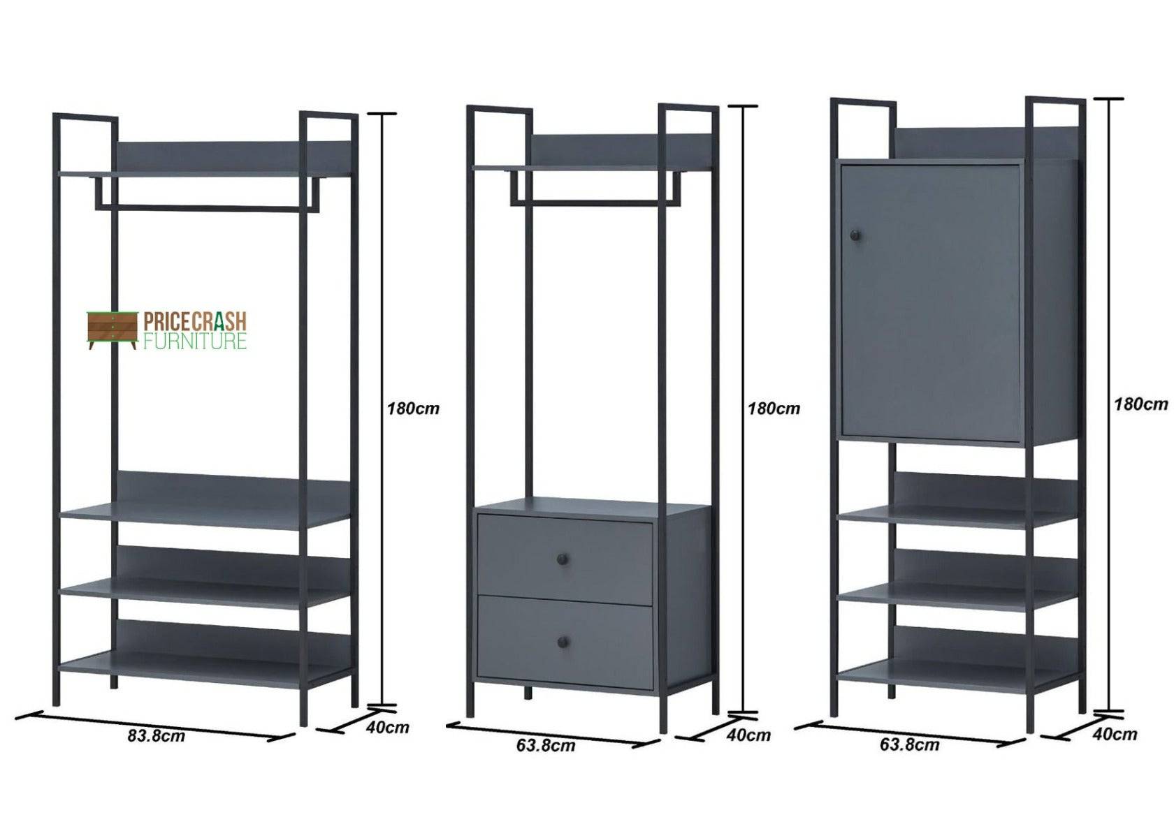 Zahra bedroom set: 3 piece open wardrobe set in matte grey by TAD - Price Crash Furniture