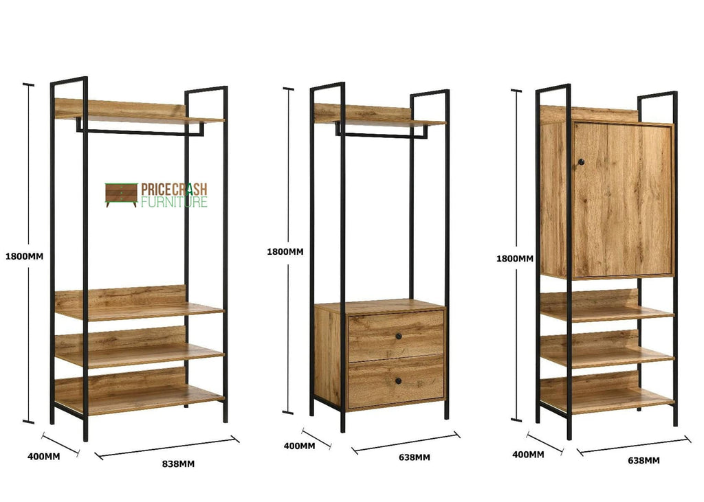 Zahra bedroom set: 3 piece open wardrobe set in oak effect by TAD - Price Crash Furniture