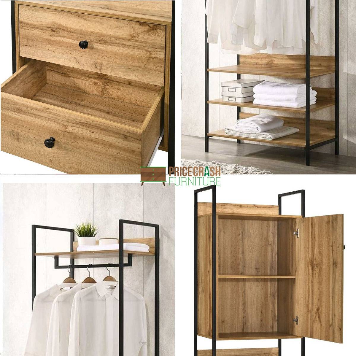 Zahra bedroom set: 3 piece open wardrobe set in oak effect by TAD - Price Crash Furniture