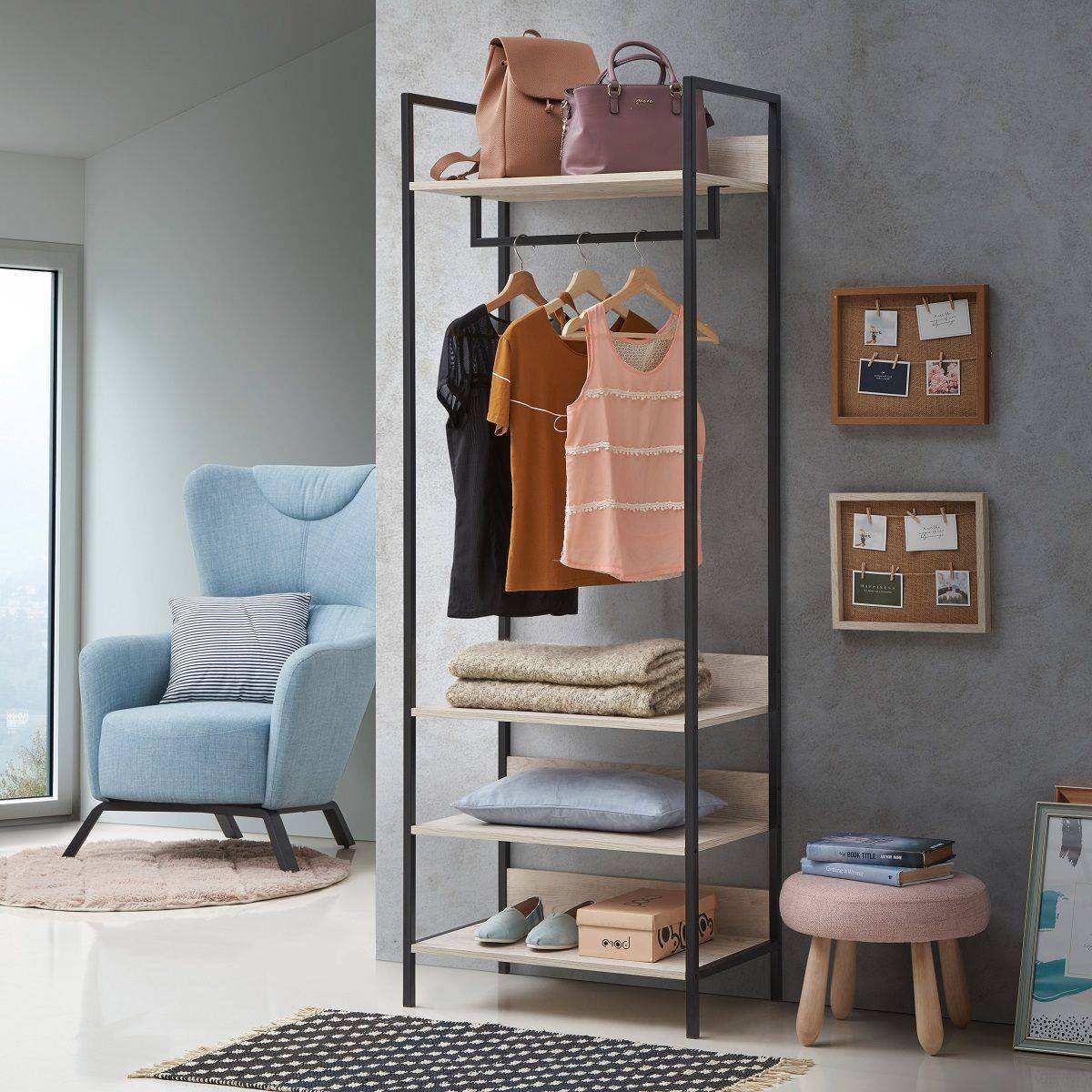 Zahra open wardrobe (narrow) with 4 shelves in ash oak effect by TAD - Price Crash Furniture