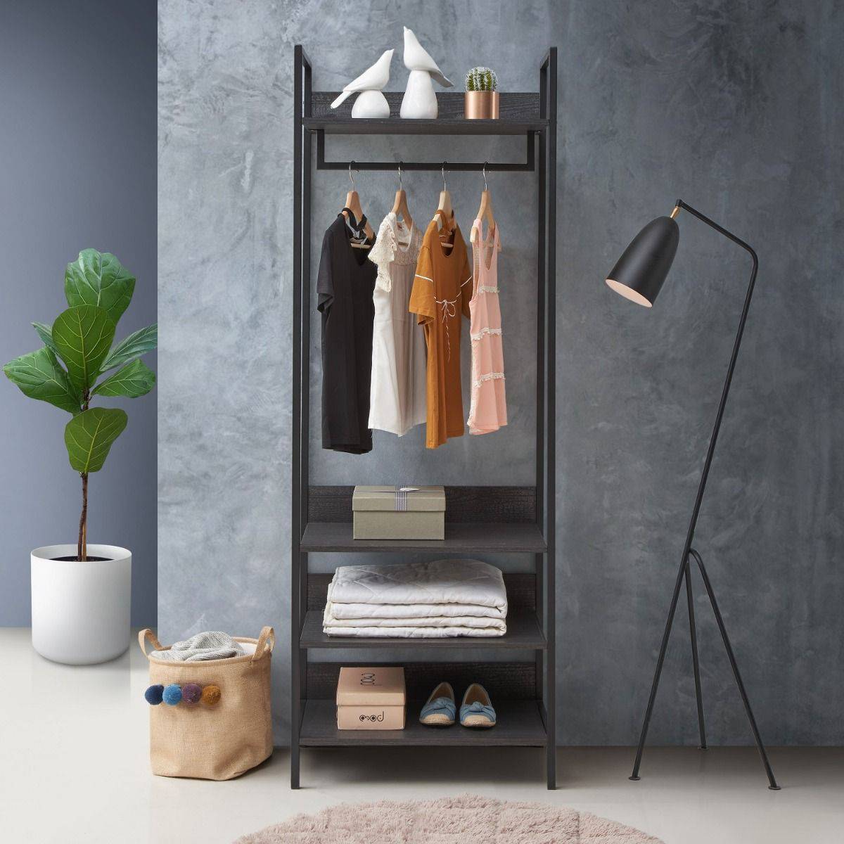 Zahra open wardrobe (narrow) with 4 shelves in black wood effect by TAD - Price Crash Furniture