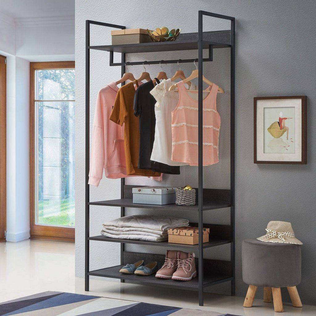 Zahra open wardrobe (wide) with 4 shelves in black wood effect by TAD - Price Crash Furniture