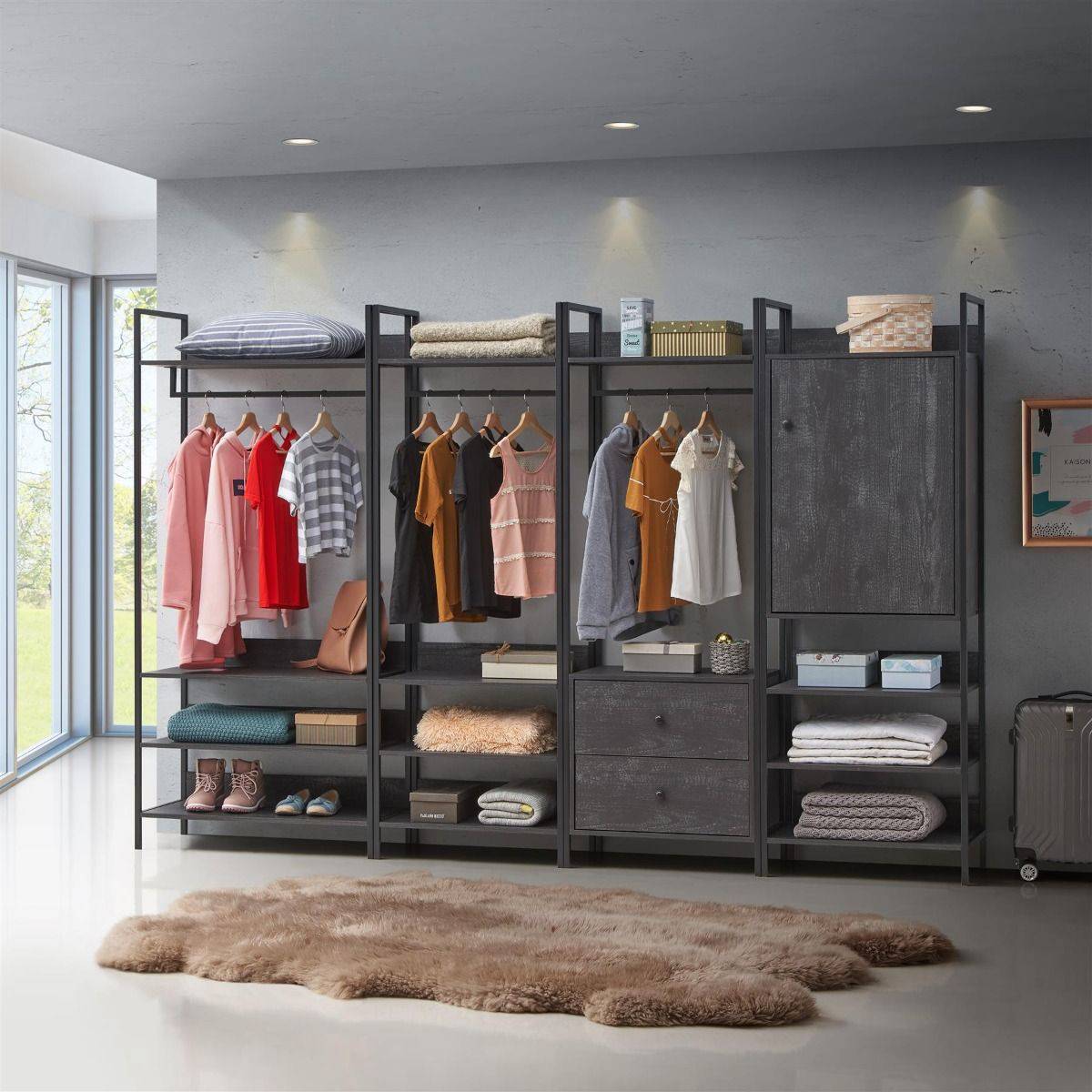 Zahra open wardrobe (wide) with 4 shelves in black wood effect by TAD - Price Crash Furniture