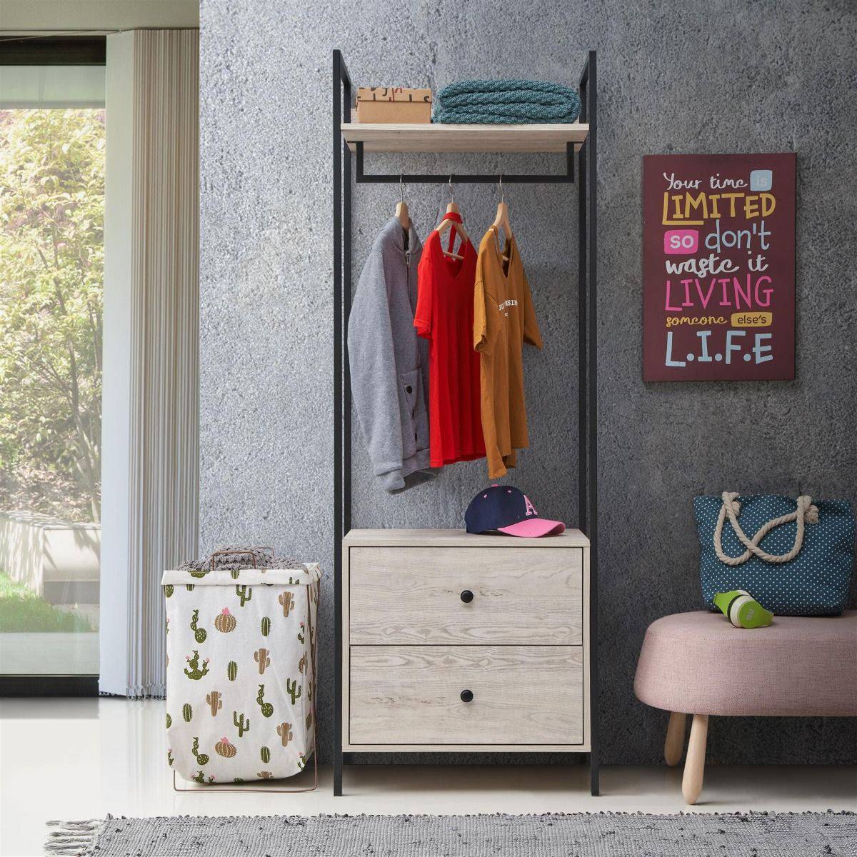 Zahra open wardrobe with 2 drawers in ash oak effect by TAD - Price Crash Furniture