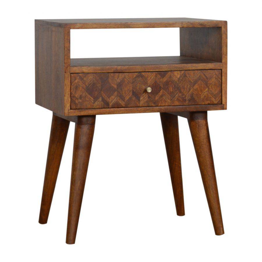 Zig-zag Parquet Pattern 1 Drawer Bedside Table in Chestnut-effect Mango Wood - Price Crash Furniture