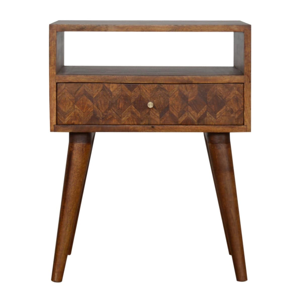 Zig-zag Parquet Pattern 1 Drawer Bedside Table in Chestnut-effect Mango Wood - Price Crash Furniture