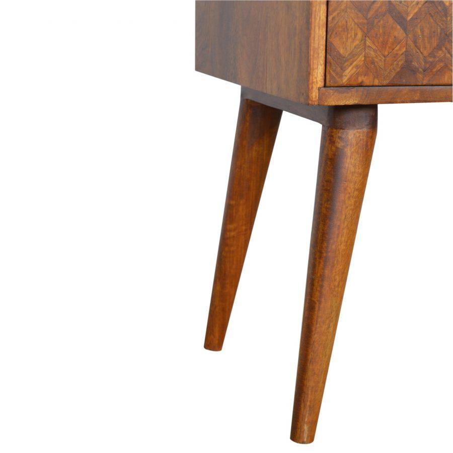 Zig-zag Parquet Pattern 1 Drawer Bedside Table in Chestnut-effect Mango Wood - Price Crash Furniture