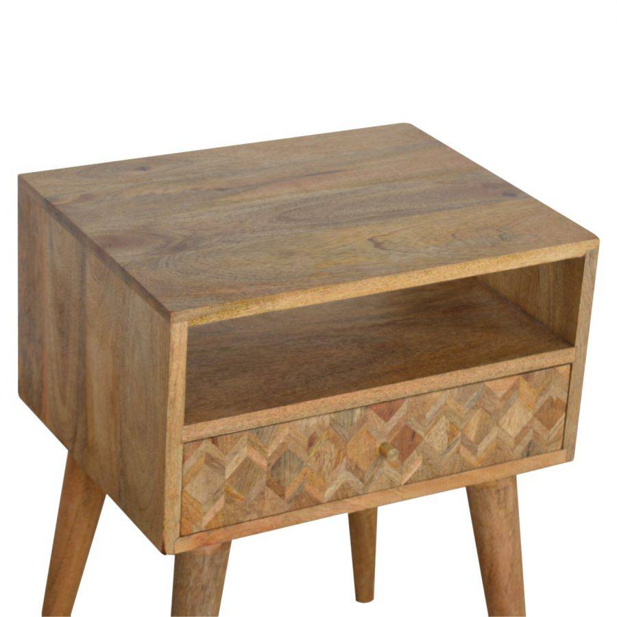 Zig-zag Parquet Pattern 1 Drawer Bedside Table in Oak-effect Mango Wood - Price Crash Furniture