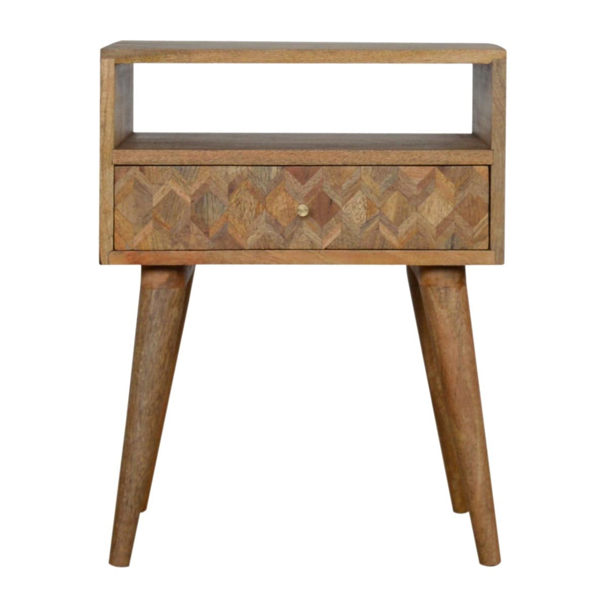 Zig-zag Parquet Pattern 1 Drawer Bedside Table in Oak-effect Mango Wood - Price Crash Furniture