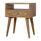 Zig-zag Parquet Pattern 1 Drawer Bedside Table in Oak-effect Mango Wood - Price Crash Furniture