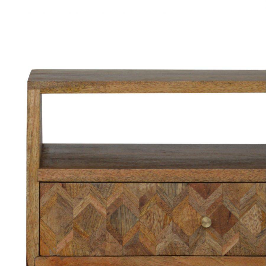 Zig-zag Parquet Pattern 1 Drawer Bedside Table in Oak-effect Mango Wood - Price Crash Furniture