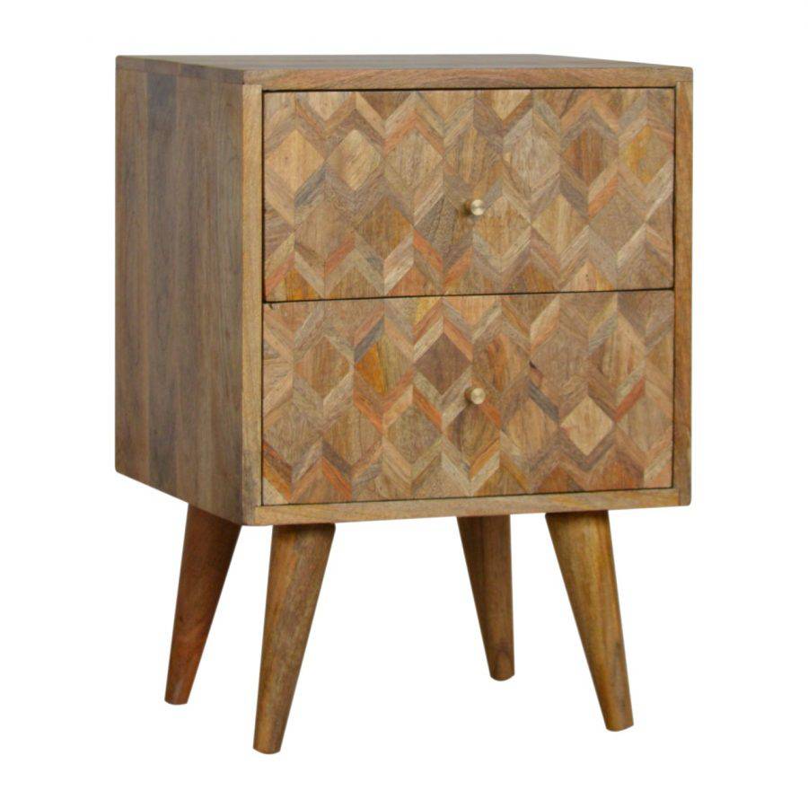 Zig-zag Parquet Pattern Bedside Table in Oak-effect Mango Wood - Price Crash Furniture