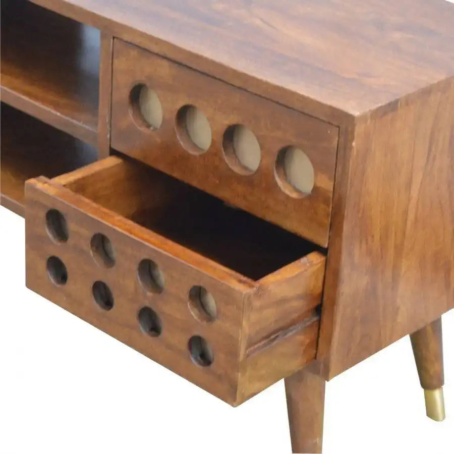 4 Drawer Chestnut Nordic Style Media Unit, Brass Inlay, 2 Open Slots - Price Crash Furniture