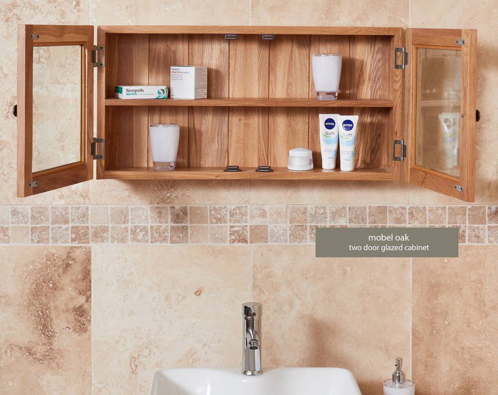 Baumhaus Bathroom Collection - Solid Oak Glass Double Door Cabinet - Price Crash Furniture