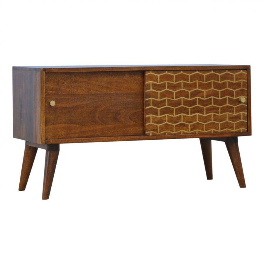 Chestnut Sliding Cabinet With Gold Patterned Door Front - Price Crash Furniture