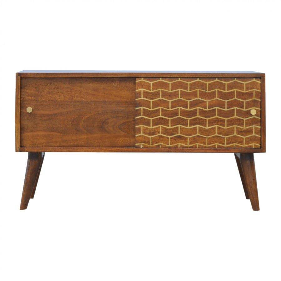 Chestnut Sliding Cabinet With Gold Patterned Door Front - Price Crash Furniture