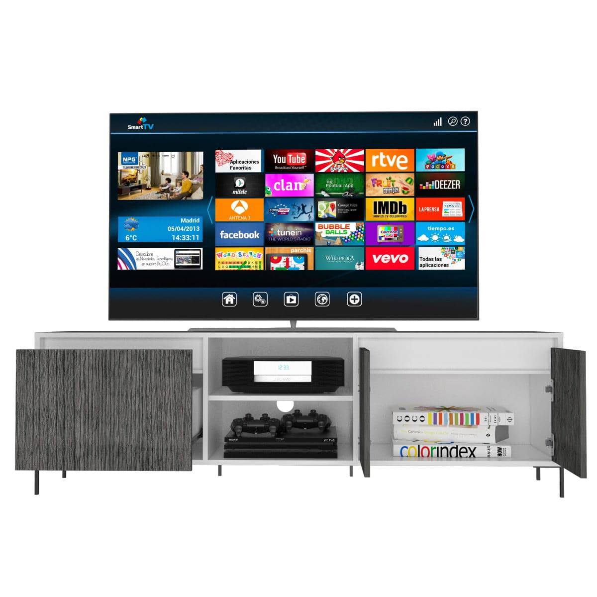 Core Dallas Ultrawide 4 Door TV Stand in White & Carbon Grey Oak Effect - Price Crash Furniture