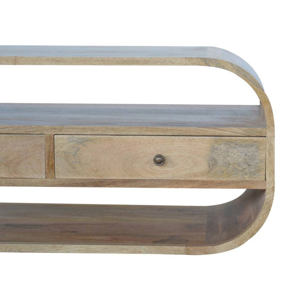 Curved Edge TV Unit in oak-effect Solid Mango Wood with 2 Drawers - Price Crash Furniture