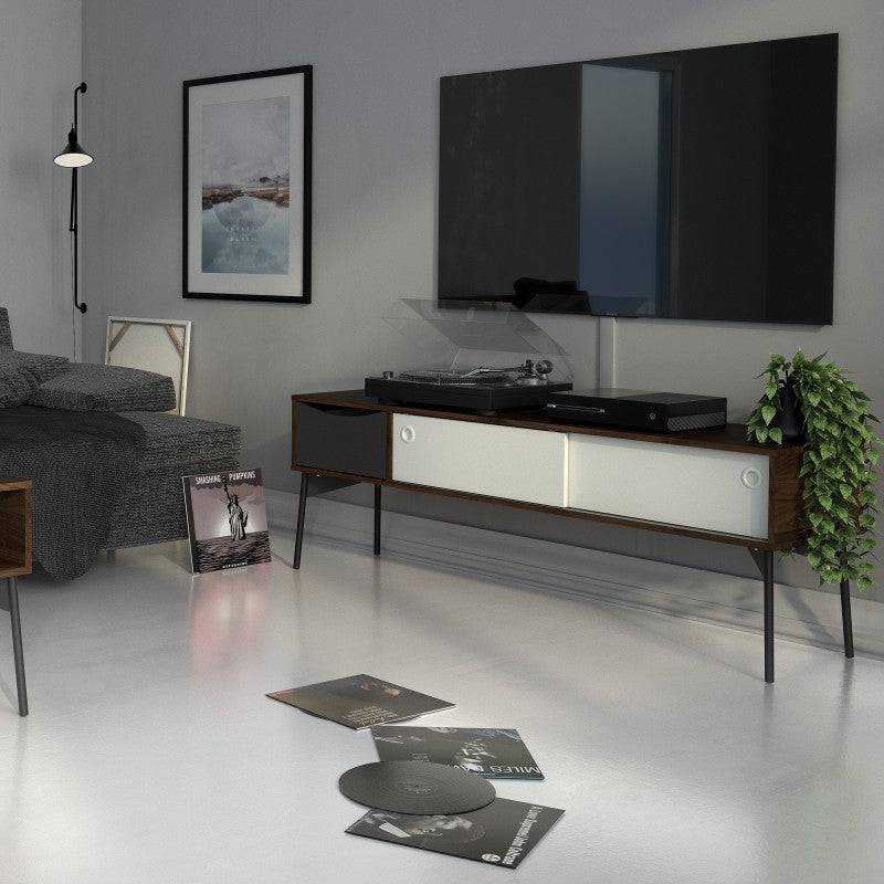 Fur TV-Unit 2 sliding Doors + 1 Drawer in Grey, White and Walnut - Price Crash Furniture