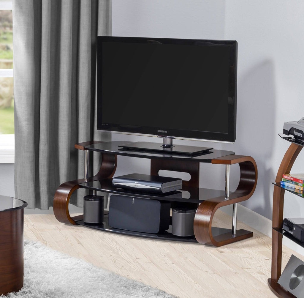 JF203-1100 Florence Curved Wood TV Stand in Walnut for up to 50" TVs by Jual - Price Crash Furniture
