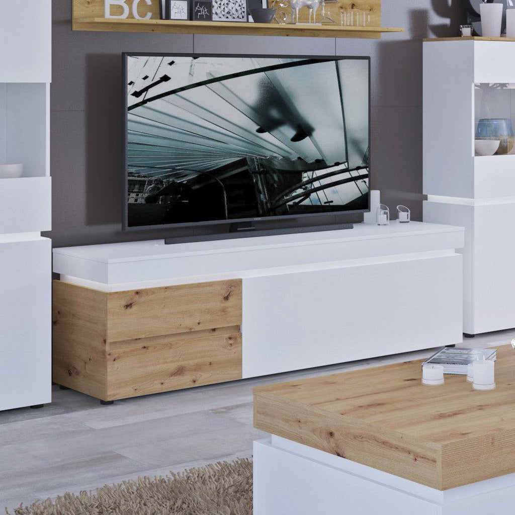 Luci 1 Door 2 Drawer 150 cm TV Unit (including LED lighting) in White and Oak - Price Crash Furniture