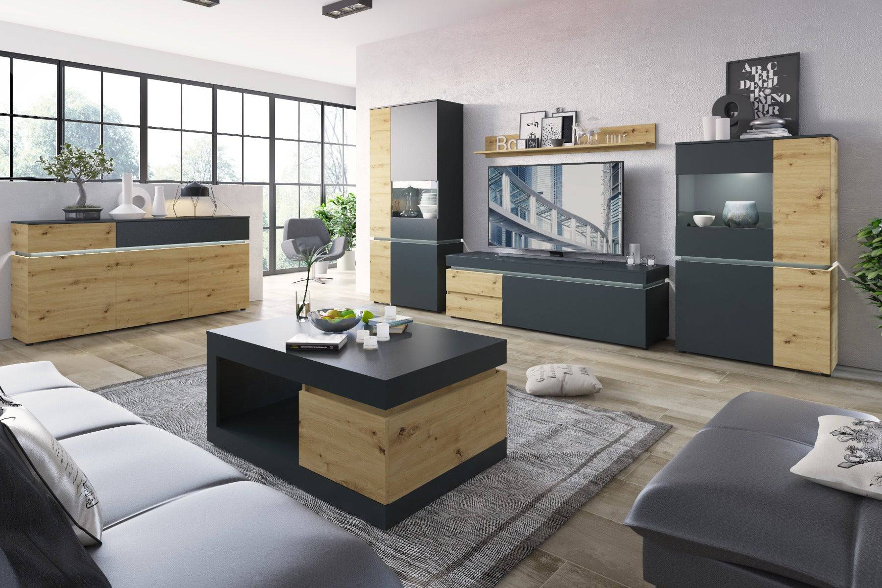 Luci 1 Door 2 Drawer 180 cm TV Unit (including LED lighting) in Platinum and Oak - Price Crash Furniture