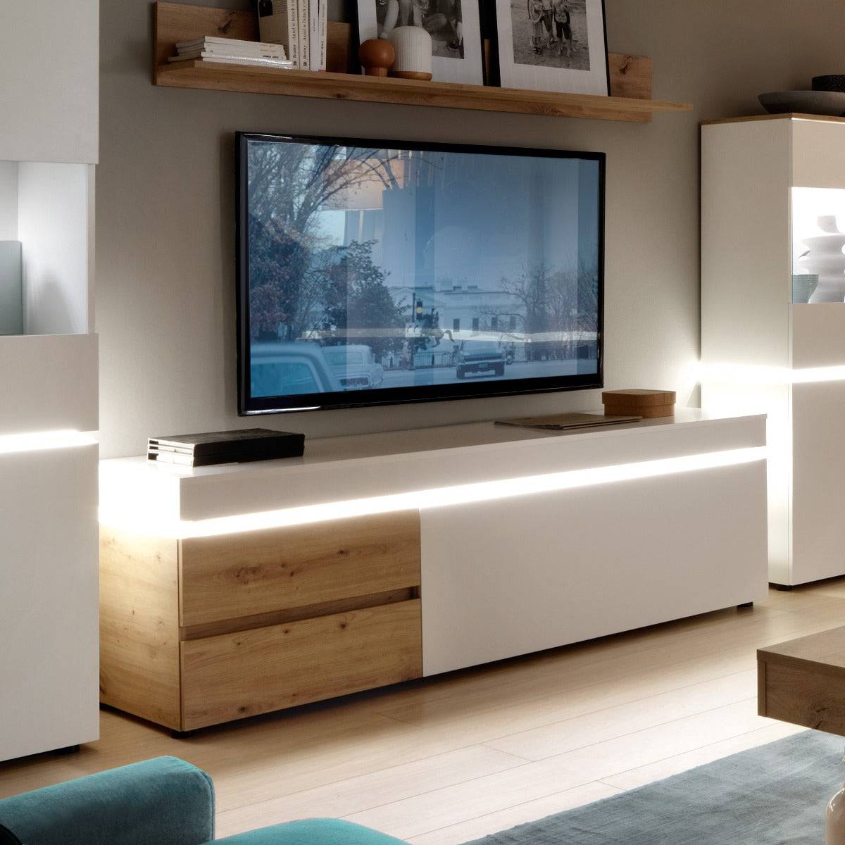 Luci 1 Door 2 Drawer 180 cm TV Unit (including LED lighting) in White and Oak - Price Crash Furniture