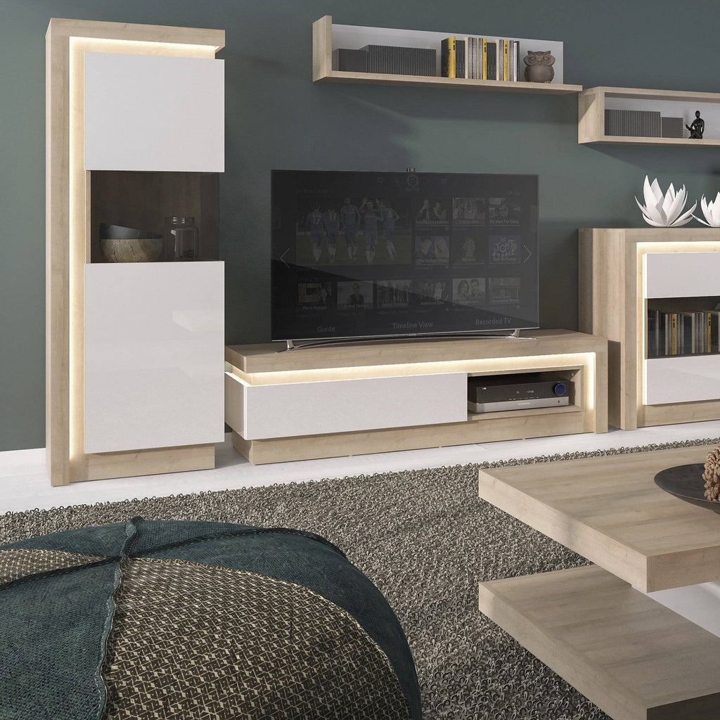 Lyon 1 Drawer TV Cabinet With Open Shelf (Incl LED Lighting) Riviera Oak/White High Gloss - Price Crash Furniture