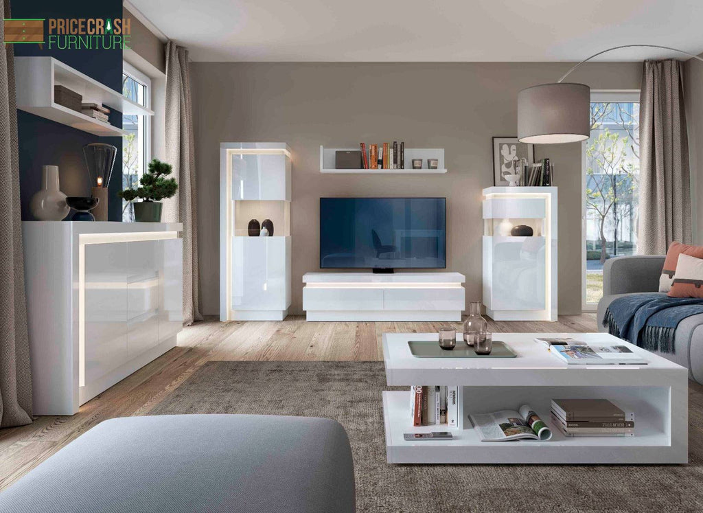 Lyon 2 Drawer TV Cabinet (incl LED lighting) in White High Gloss - Price Crash Furniture
