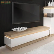 Lyon 2 Drawer TV Cabinet inc LED Lighting - Riviera Oak/White Gloss - Price Crash Furniture