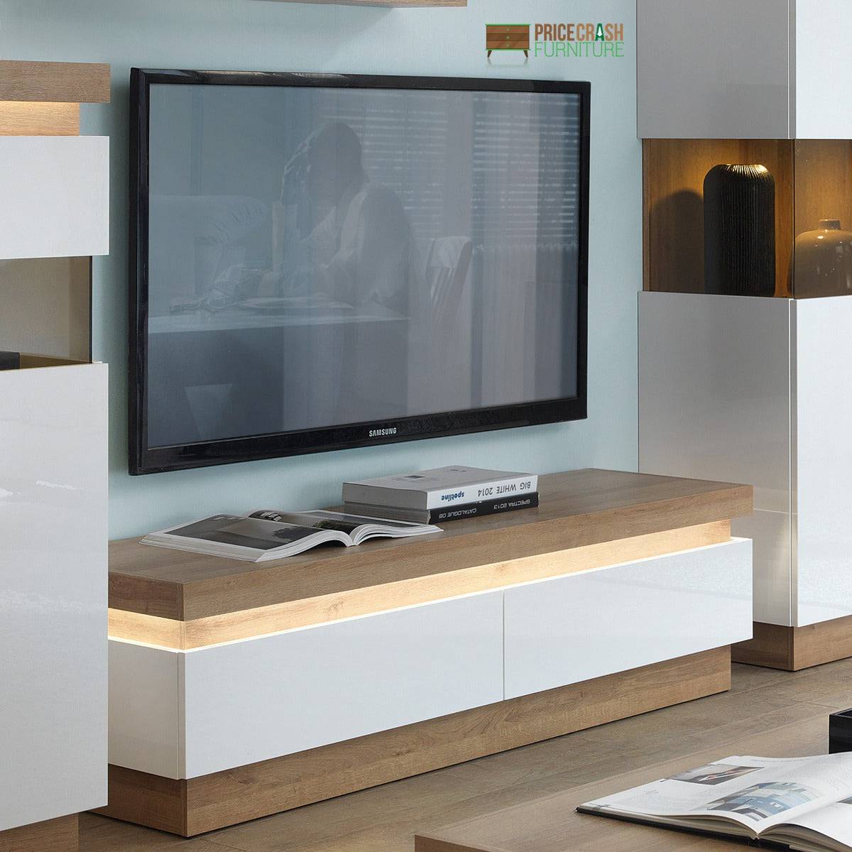 Lyon 2 Drawer TV Cabinet (Including LED Lighting) In Riviera Oak/White High Gloss - Price Crash Furniture