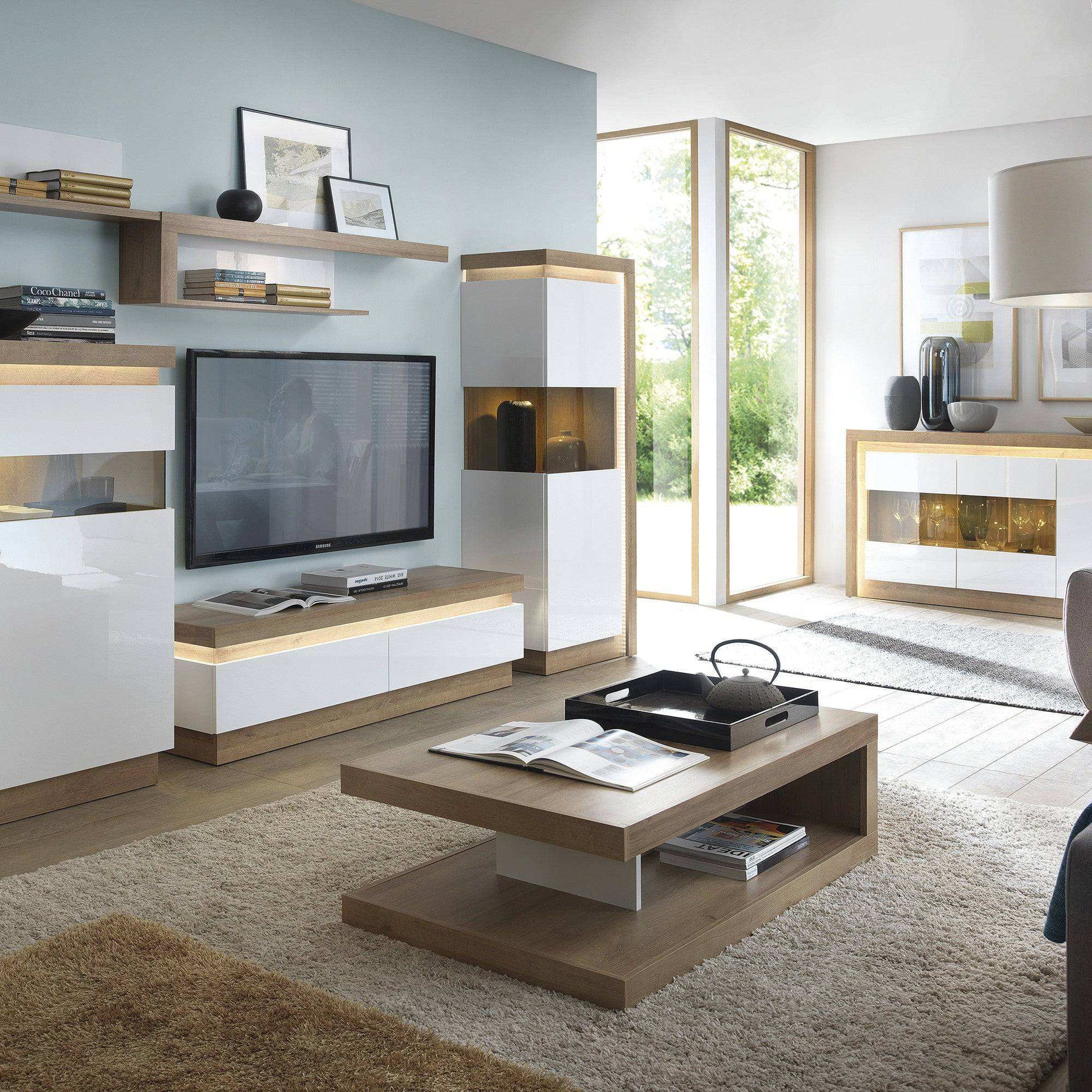 Lyon 2 Drawer TV Cabinet inc LED Lighting - Riviera Oak/White Gloss - Price Crash Furniture