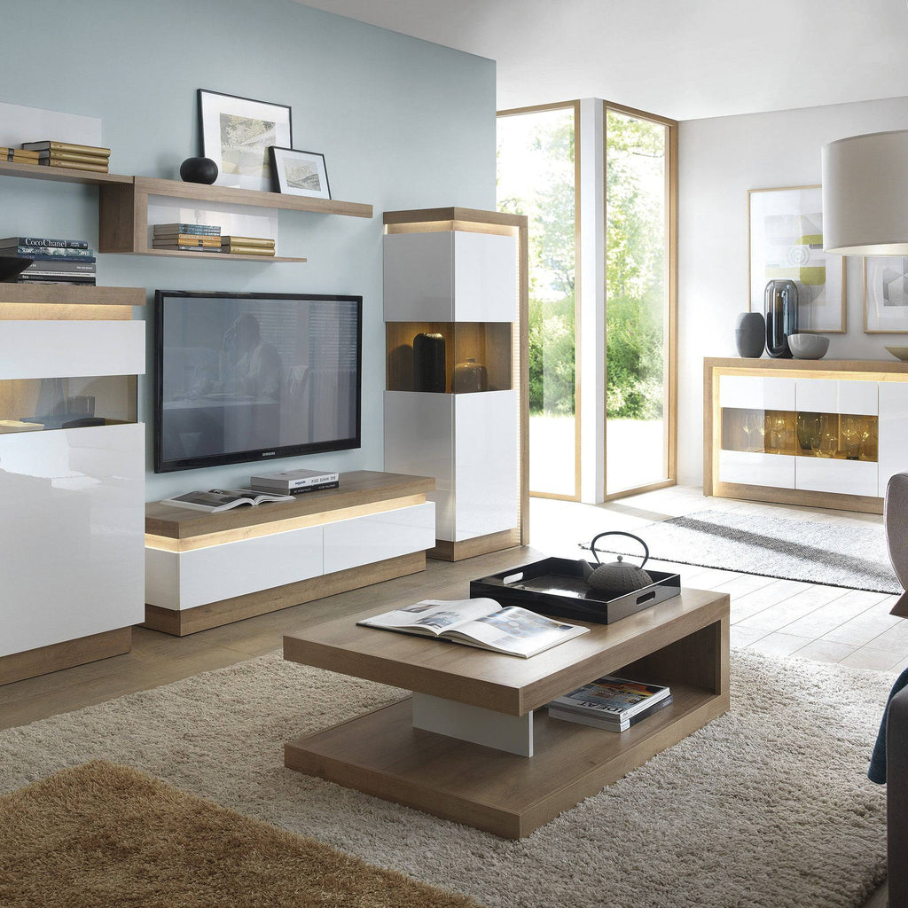 Lyon 2 Drawer TV Cabinet (Including LED Lighting) In Riviera Oak/White High Gloss - Price Crash Furniture