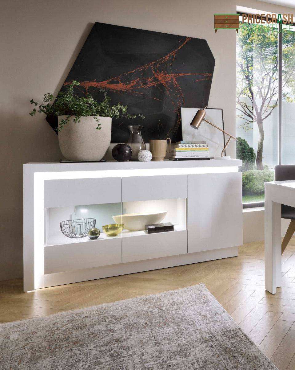 Lyon 3 Door Glazed Sideboard inc LED lighting in White Gloss - Price Crash Furniture