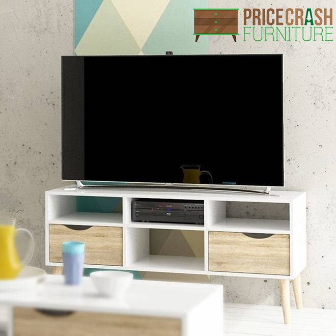 Oslo TV Unit - Wide - 2 Drawers 4 Shelves in White and Oak - Price Crash Furniture