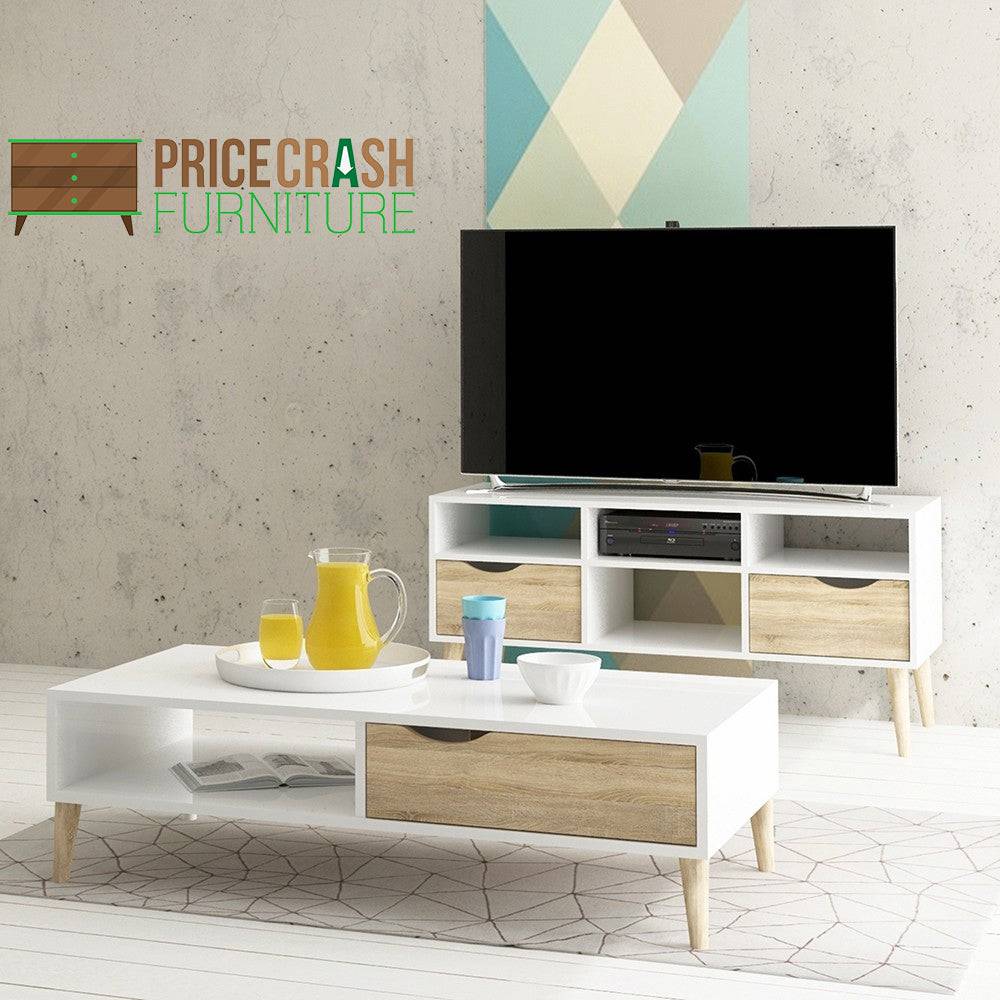 Oslo TV Unit - Wide - 2 Drawers 4 Shelves in White and Oak - Price Crash Furniture