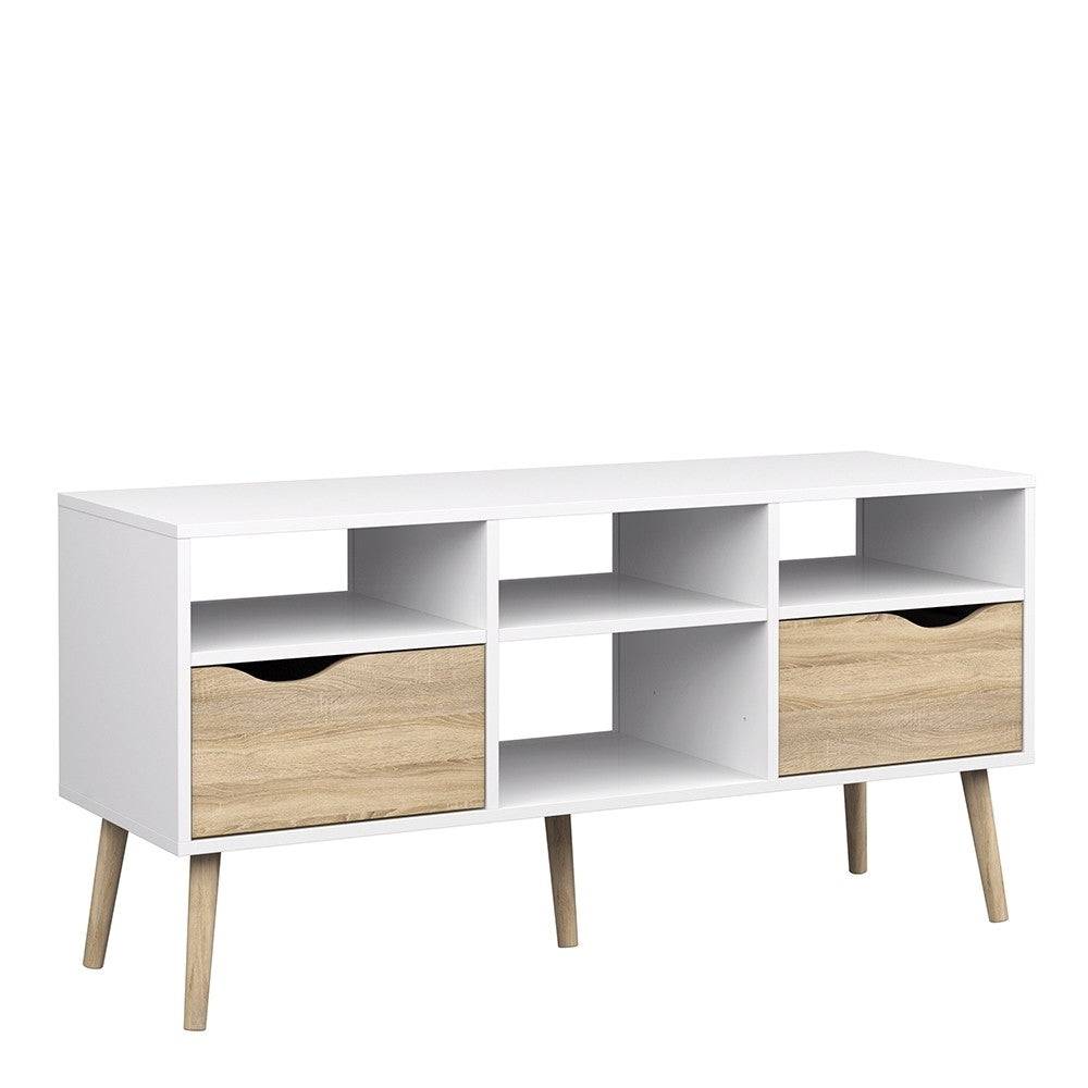 Oslo TV Unit - Wide - 2 Drawers 4 Shelves in White and Oak - Price Crash Furniture