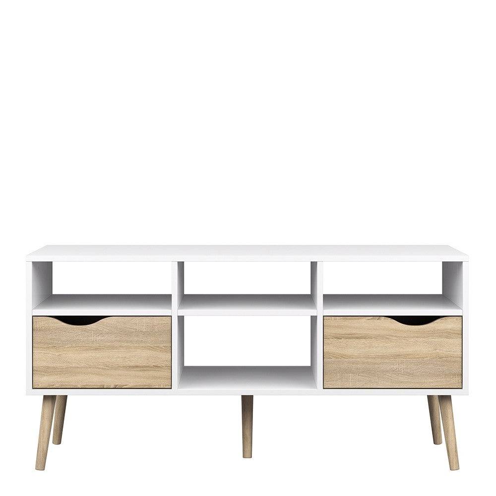 Oslo TV Unit - Wide - 2 Drawers 4 Shelves in White and Oak - Price Crash Furniture