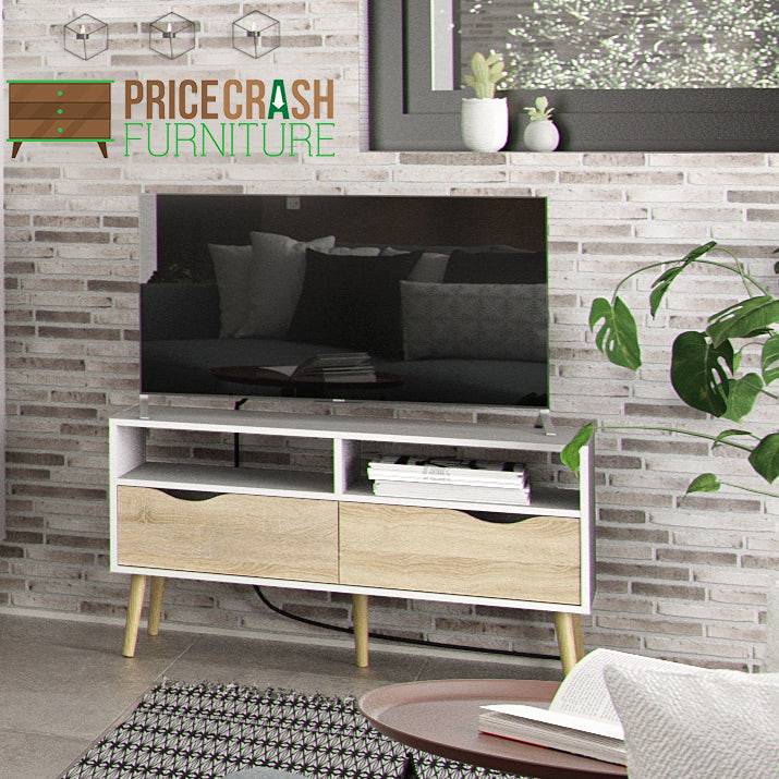 Oslo TV Unit - Wide - 2 Drawers 4 Shelves in White and Oak - Price Crash Furniture